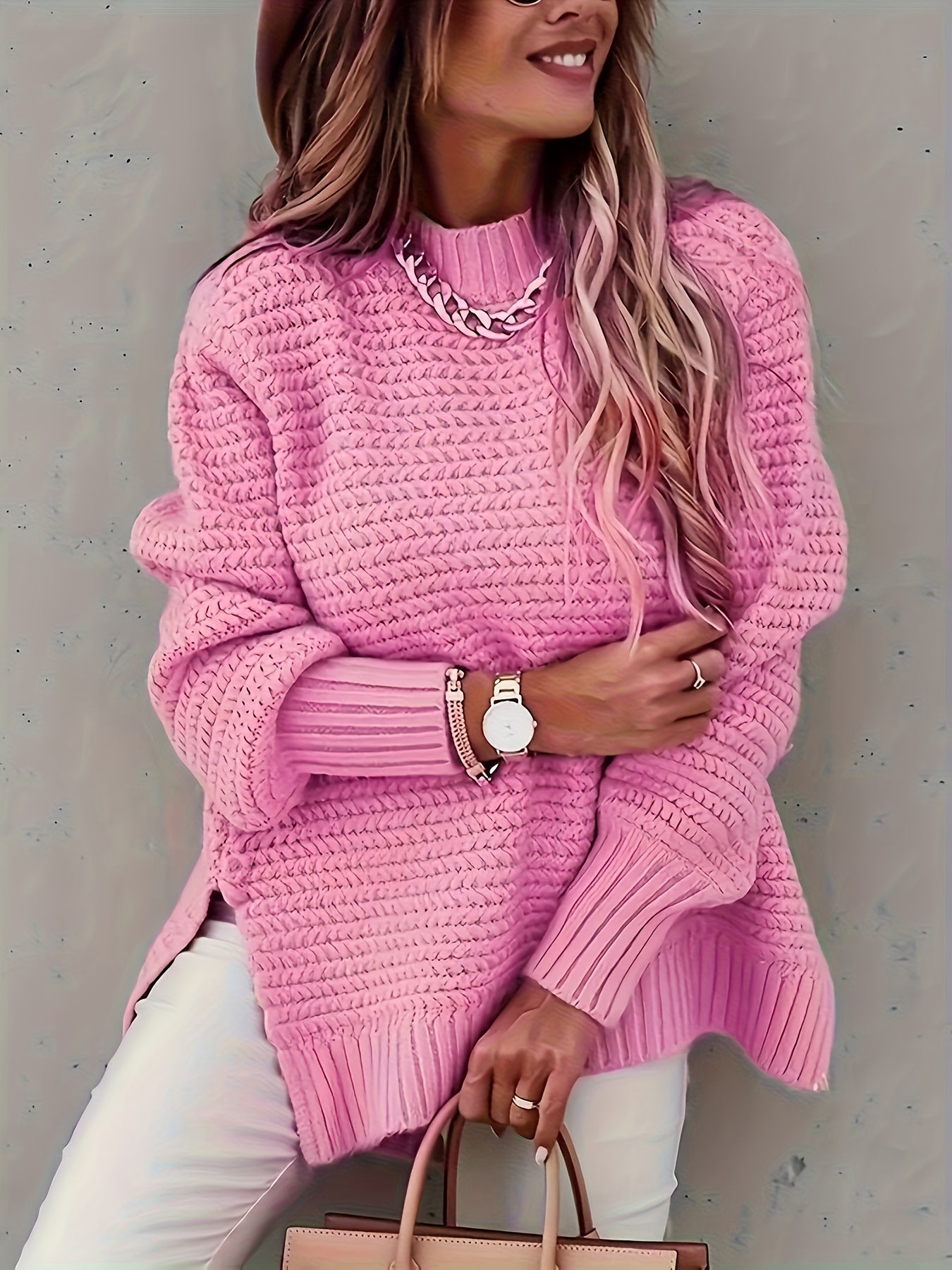 Solid Split Side Crew Neck Sweater, Casual Long Sleeve Sweater for Fall & Winter, Women's Clothing.womens Clothes, Womens Clothing, Clothes, Women Tops for Women Hot Outfits Ropa De Mujer