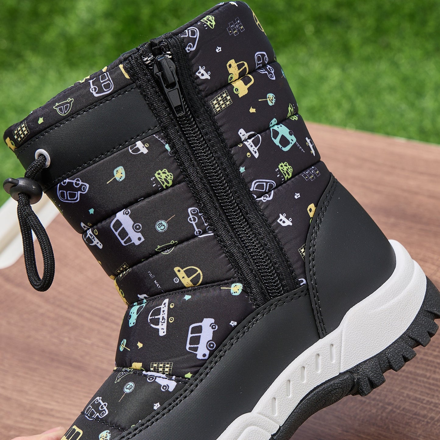 DACLAY Youngsters' All-Season Outdoor Boots - Non-Slip EVA Sole, Zipper Closure, Geometric Pattern, Low-Top Casual Sports Shoes for Boys & Girls, Black with Colorful Car Design, Allseason Footwear, Playful Youngsters Footwear