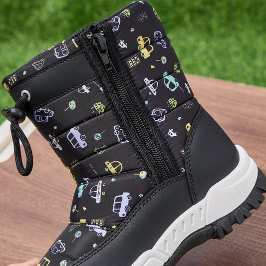 DACLAY Youngsters' All-Season Outdoor Boots - Non-Slip EVA Sole, Zipper Closure, Geometric Pattern, Low-Top Casual Sports Shoes for Boys & Girls, Black with Colorful Car Design, Allseason Footwear, Playful Youngsters Footwear