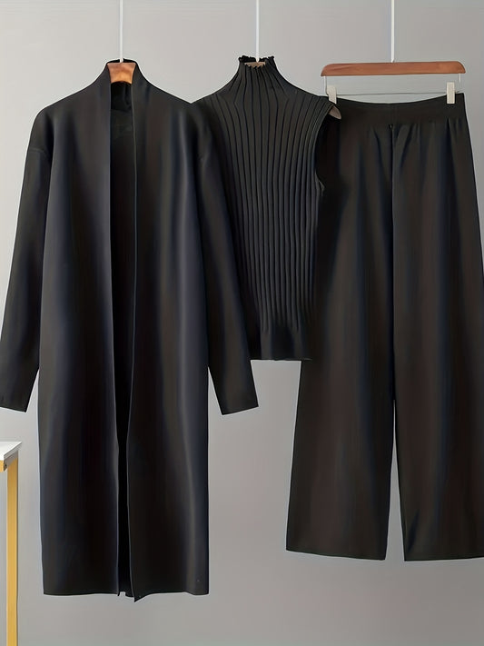 New Autumn And Winter Women'S Loose Three-Piece Set: Long Wide-Leg Pants, Shawl Cardigan, And High-Neck Vest Sweater. A Fashionable Outfit.