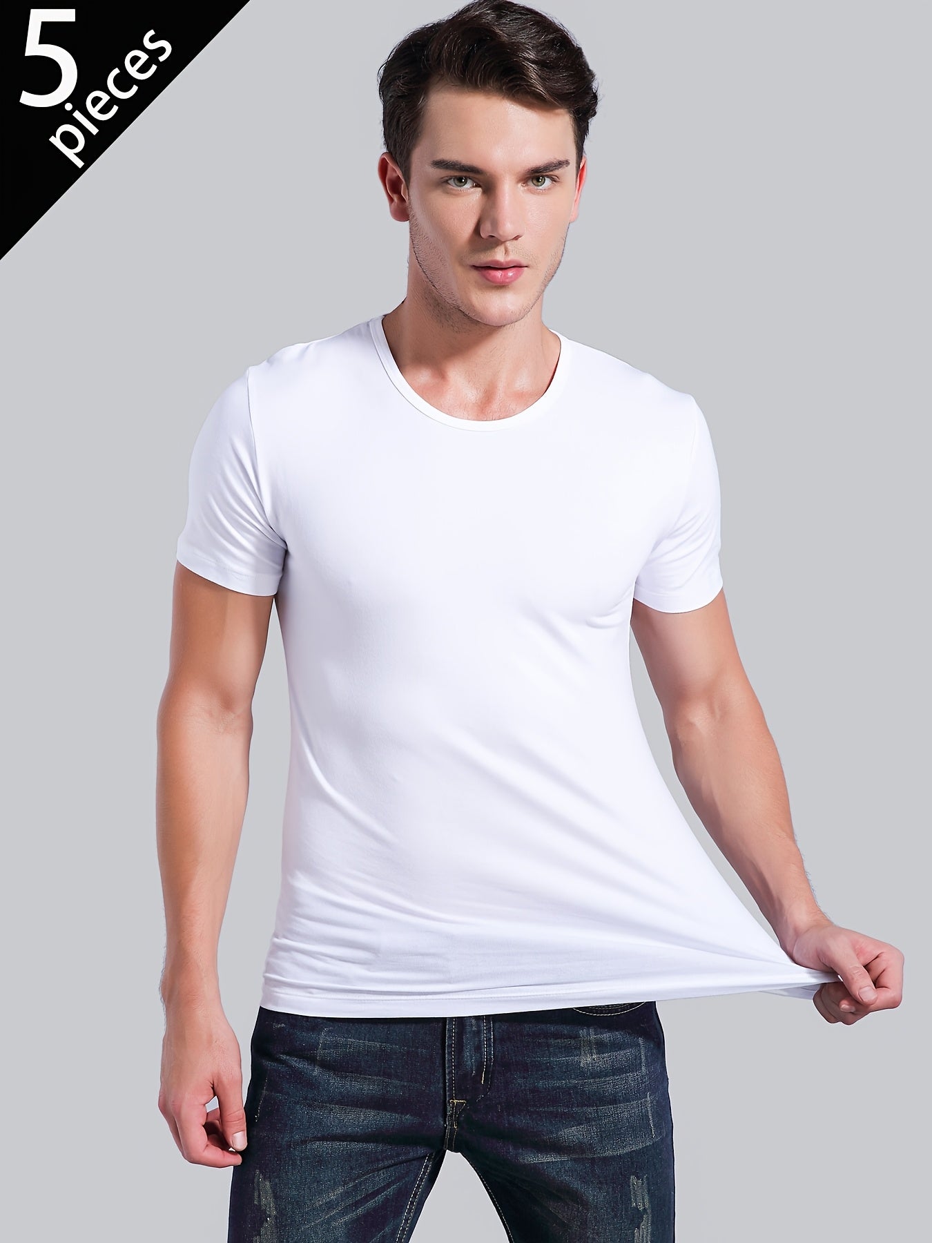 [5pcs Men's White Tees] 5pcs Men's White Solid Color Short-Sleeve T-Shirts - Tight-Fit Breathable Round Neck Gym Basic Tees for Fitness, Underwear & Layering | Year-Round Casual Wear | Bulk Pack for Cost Savings (s/SMen)