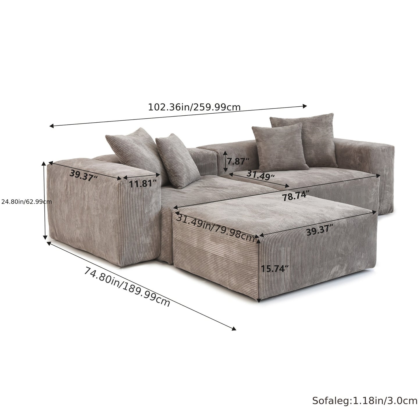Cloud Couch Modular Sectional Sofa, 102inch L Shaped Sofa with Ottoman, Brown 3 Seater Corduroy Couch, Convertible Sectional Sofa for Living Room, Cushion Covers Removable& Washable.
