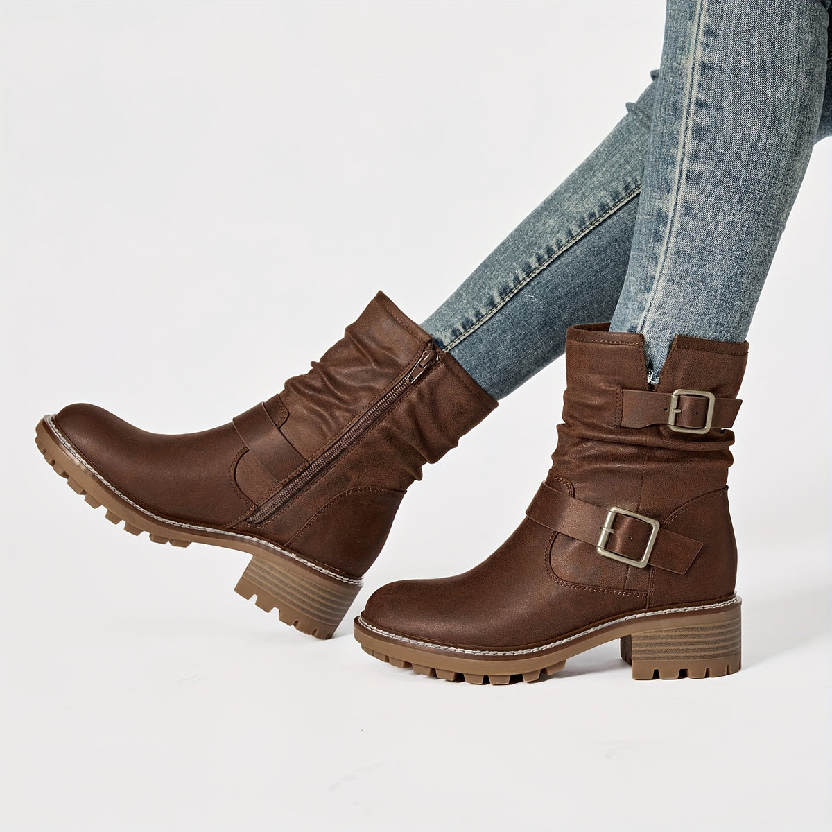 Women's Low Chunky Heel Riding Combat Boots - Round Toe Short Boots with  /Fiberliner & TPR Sole, Zipper Closure Casual All-Season Booties for Equestrian, Outdoor, Casual Attire (Solid Color)