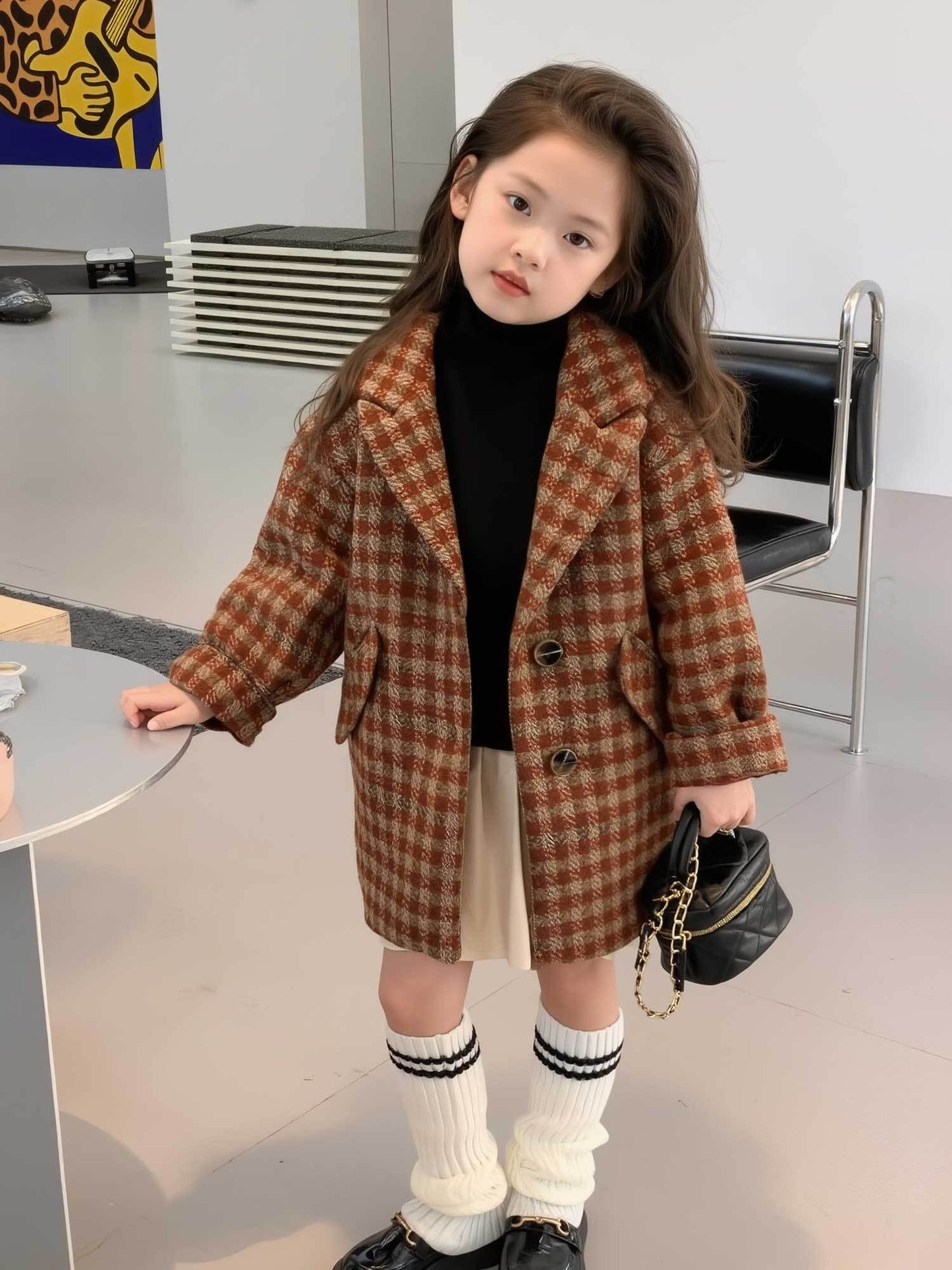 Girls' British Style Tweed Coat - Soft Warm Fleece-Like Jacket, Houndstooth & Plaid Lapel Collar, Notched Lapel Mid-Length Coat for, Parties & Daily Wear - Winter Outerwear for Older Kids (Brown/Black/Beige)