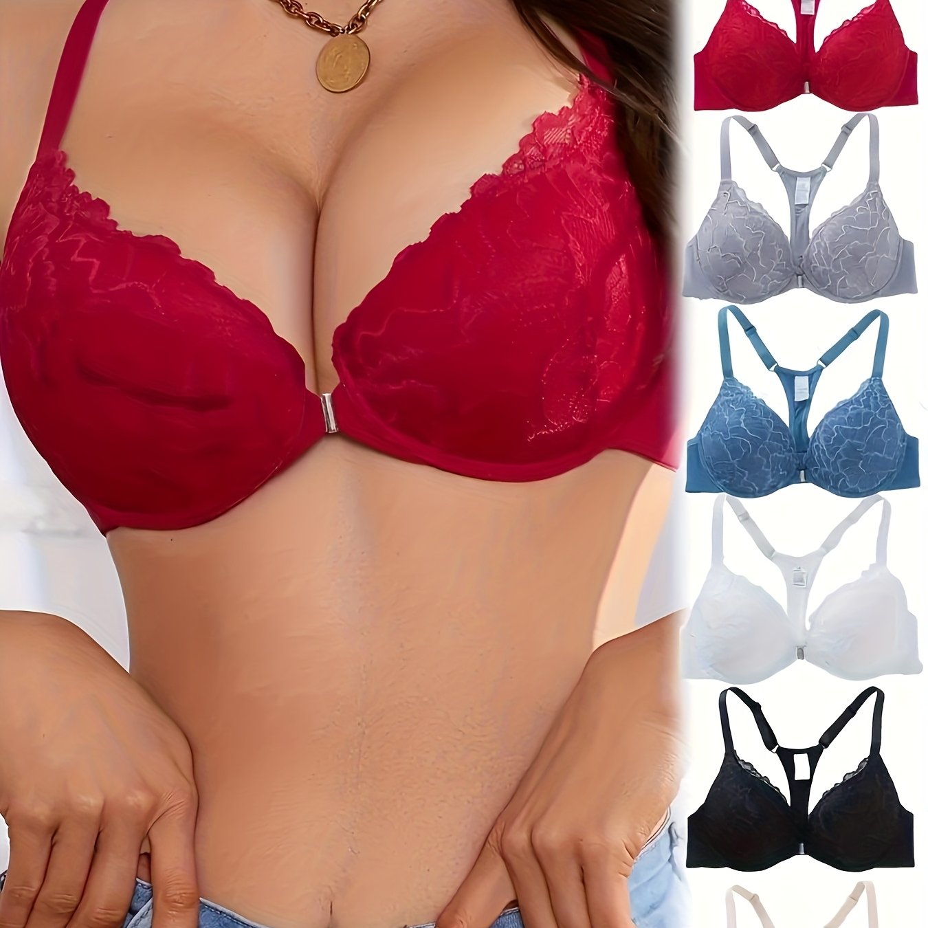 6pcs Women's Push-Up Bras Front Closure Underwire High Support - Breathable Nylon Lace Trim Non-Removable Padding, Valentine's Day & Mother's Day Gift for Her (Red/Blue/White/Black)
