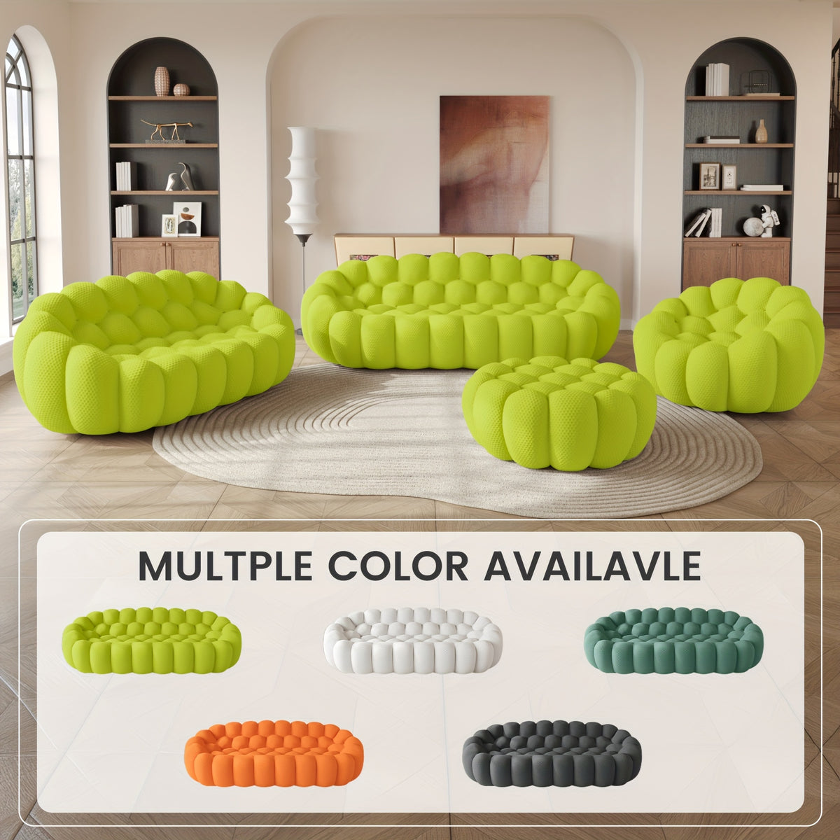 98'' Modern Upholstered Curved Sofa, 3 Seater Mesh Fabric Floor Sofa, 3D Honeycomb Shape Curved Couch for Living Room