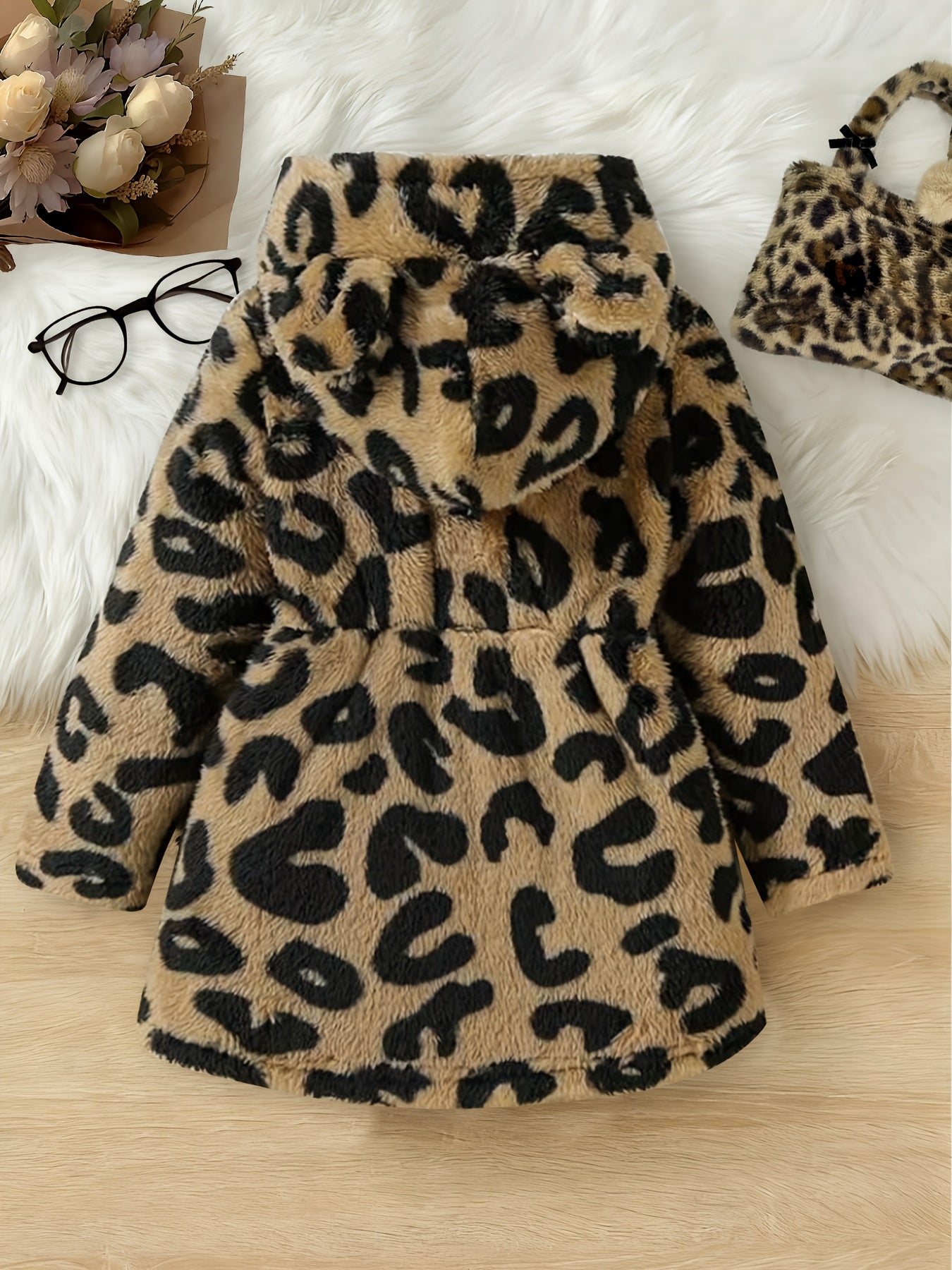 Girls' Winter Leopard Print Hooded Jacket with Pockets - Cozy Faux-Fur Trim Long Sleeve Coat, Black & Brown Spots, Machine Washable Casual Outerwear for Everyday, Parties & Travel - Stylish & Warm Fall/Winter Outer Layer, Com