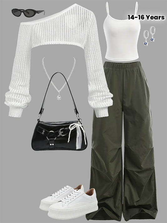 3pcs ' Casual Fall/Winter Outfit Set - Oversized Long Sleeve Top, Vest & Straight-Leg Pants with Pockets, Solid Color, Regular Fit, Long Sleeve, for Outdoor, For Teenager, For Teenager