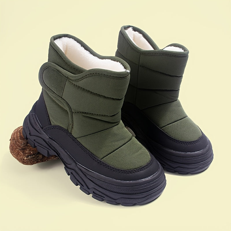[Boys' Winter Snow Boots] Winter Boys' Solid Color Warm Plush Lined Slip-On Snow Boots | Low Top Fabric Upper, Round Toe, TPR Sole, Adjustable Strap Closure, for Fall/Winter Outdoor, Ages 14 and Under, Bullock Pattern