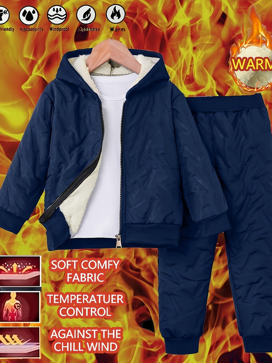 2pcs Boys' Autumn/Winter Fashion Solid Color -Lined Hooded Jacket with Matching Color-Blocked Joggers, Stylish and Warm, Casual Versatile Outfit for Kids' Outdoor Activities and Daily Wear, 100% Polyester Durable Fabric, Perf