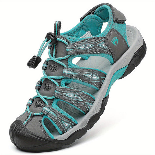 Women's Turquoise/Black Quick-Dry Hiking Water Shoes - Adjustable Bungee Closure, Arch & -Skid Sole, All-Terrain Outdoor Sandals with Mary Jane Strap (Lace-Up) for Beach, Camping, River Trekking - Cushioned /Rubber Footbed