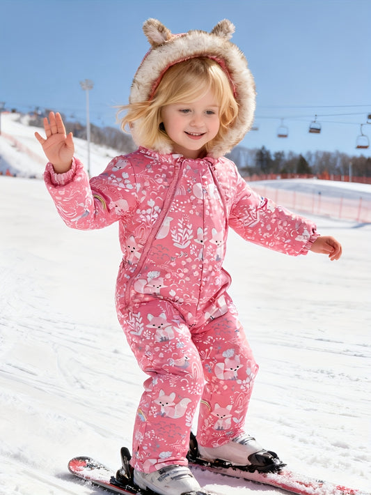 Girls' Pink Snowsuit with Hood, Full-Print Animal and Plant Patterns, Adorable Ear Design, Front Zipper, Fitted Waist, Cute Side Pockets, Cuffed Sleeves and Legs, Warm and Windproof for Cold Weather Outdoor Play, Winter Snow