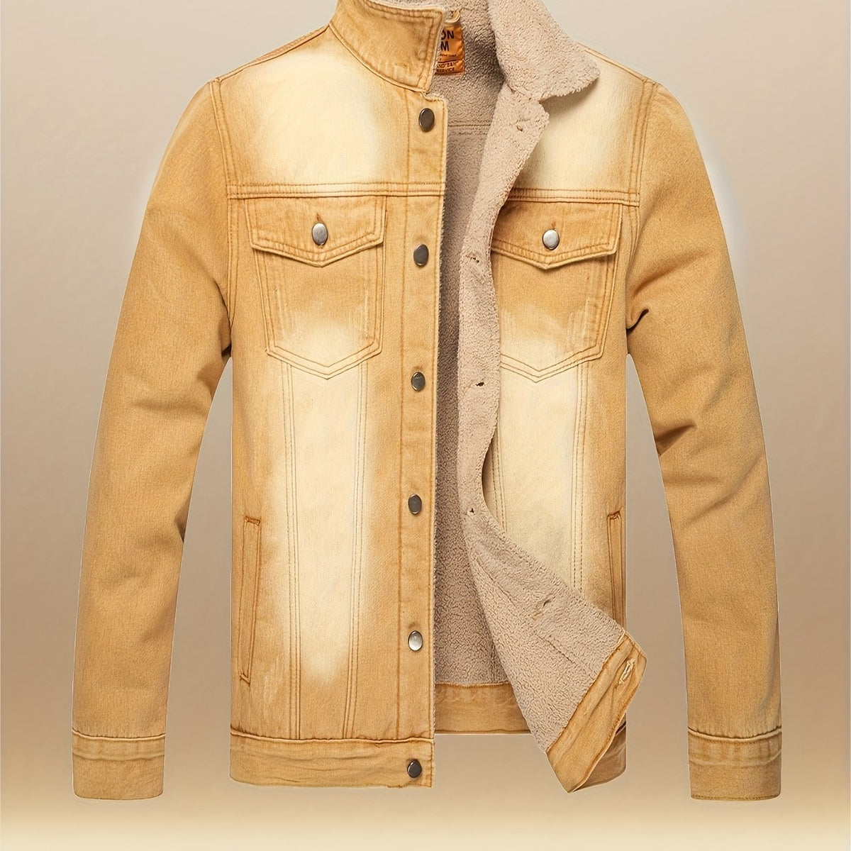Men'S Slim Fit Heavyweight 100gsm Plush-Lined Faux Denim Jacket - Classic Yellow Washed Vintage Style Lapel Collar & Single-Button Closure, Winter Warmth for Casual & Semi-Formal Outfits, Durable Lining, Versatile Cold-Weathe