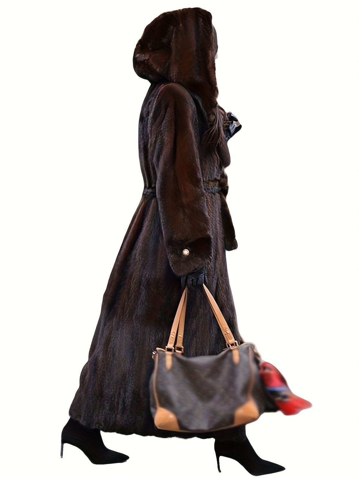 Elegant Women'S Faux Fur Coat - Fashionable & Casual Long-Sleeved Hooded Faux Mink Coat In Coffee Brown, Featuring Single Breasted Closure, Removable Belt, Regular Sleeves, Minimalist, Elegant, Stylish & Personalized, Suitabl