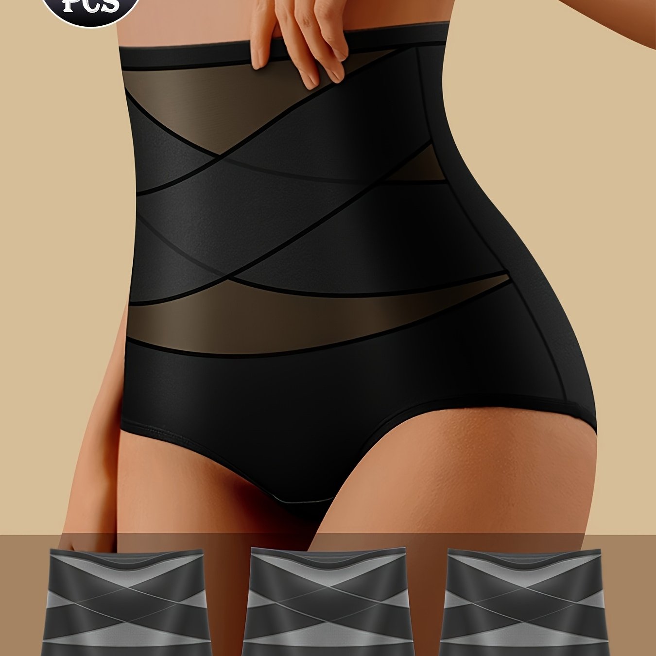 [3pcs High-Waisted Briefs] 3pcs Women's High-Waisted Cross-Strap Briefs - Breathable Comfort, Butt-Lifting Waist Cincher, Solid Color Set (Beige/White/Black), Everyday Casual Wear, Comfortable Undergarment, Simple Design, Smo