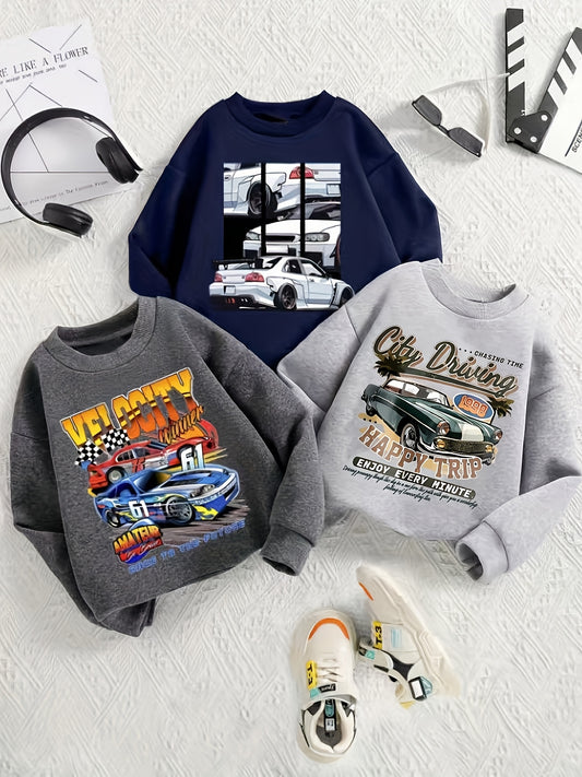 [Boys Cartoon Hoodies Set] A Set of Three Stylish And Creative Hoodies for Boys Featuring Cartoon Letters And Cars, Perfect for School Gatherings, Outdoor Activities, And Vacation Outfits, And Can Be Given As Holiday Gifts, T