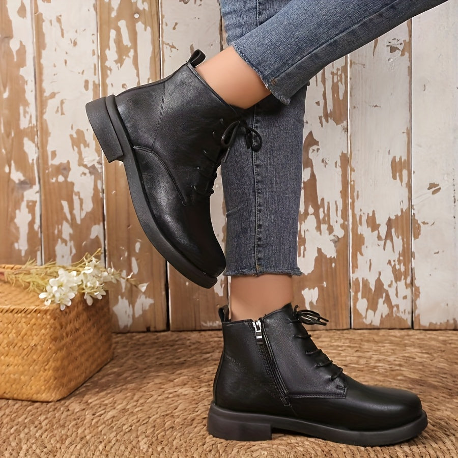 A Pair Of Round-toed, Thick-soled, Solid-color, Lace-up, Low-heeled, Anti-slip, High-top Women's Single Shoes for Autumn And Winter, Short Ankle Boots, Women's And Nude Boots