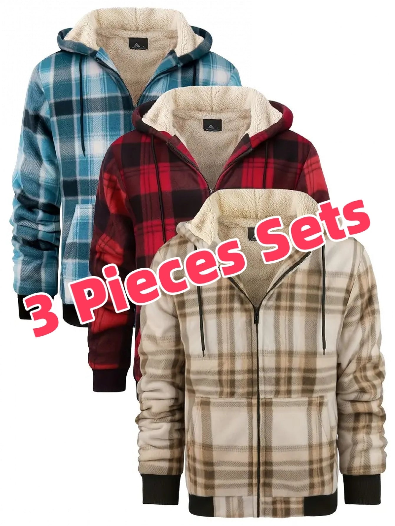 3pcs Sets Flannel Plaid Shirt Jacket for Men Lined Zip Up Hoodies Shirts Jackets, Hoodie, Jacket for Men Plus Size, Hoodies for Women, Plus Size Hoodies for Men, Casual Wear, Seasonal Fashion, Plaid Design, Classic Hoodie, Du