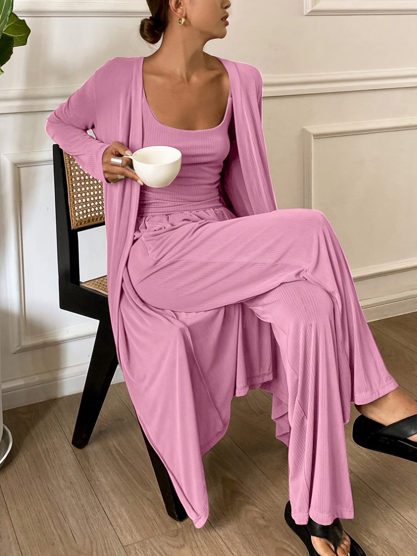 [Women's Loungewear Set] New Popular Women's Loungewear Set - Autumn And Winter Solid Color Sleeveless Square Neck Camisole, Straight Elastic Waistband Pants, Long Sleeve Cardigan - Comfortable Loose Pajama Set