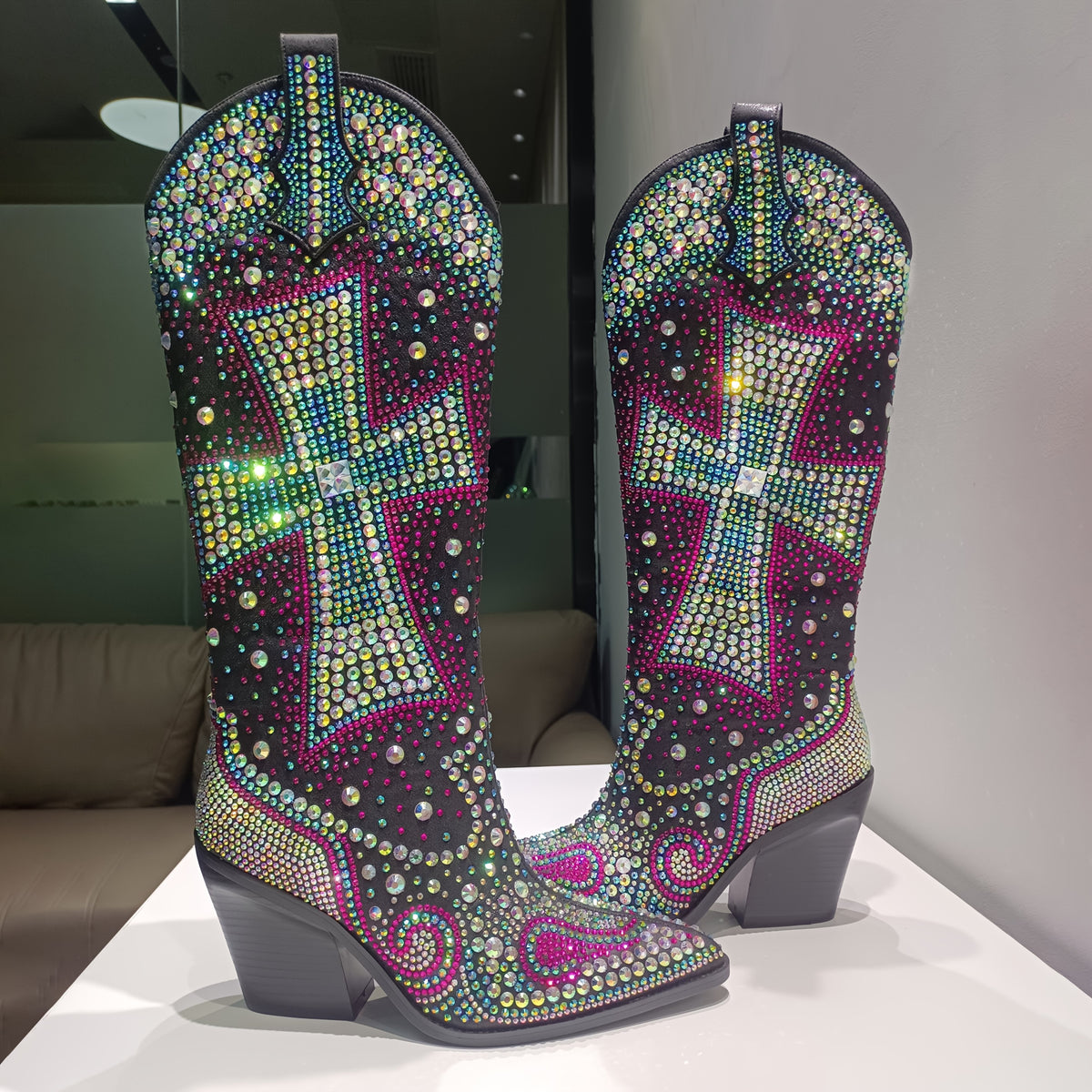 Women'S Western Knee - High Cowboy Boots With Rhinestone Cross | Eye - Catching Bling, Authentic Style | Premium Fabric, Supportive Sole, Soft Cushion | Seasonless For Nightclubs, Parties, Festivals & Shopping Trips