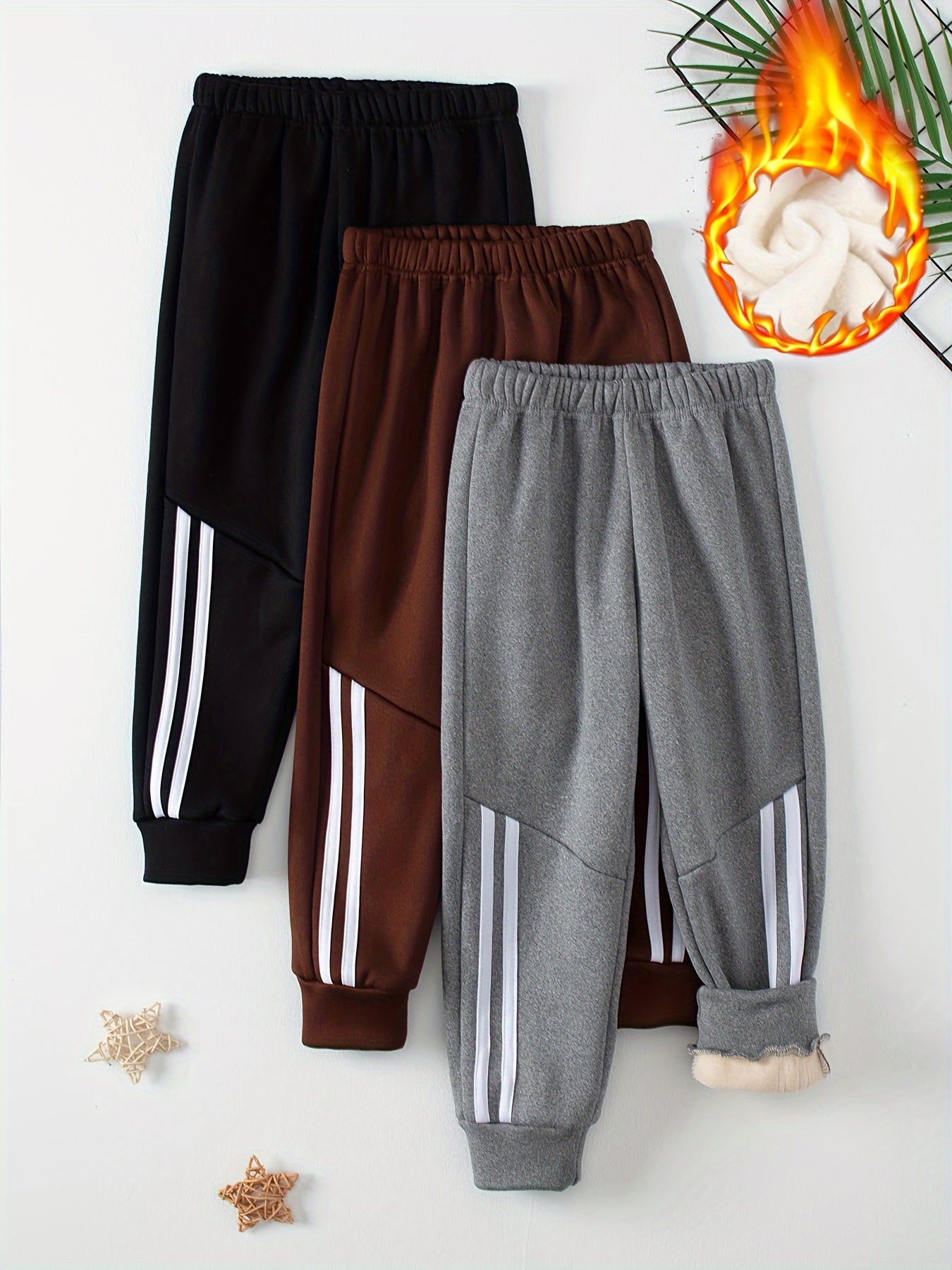 [Fleece-Lined Boys' Joggers] 3-Pack Boys' Fleece-Lined Joggers | Fashionable Loose-Fit Drawstring Pants with Side Stripes, Solid Color Patchwork, Black + Gray + Khaki Combo, Elastic Waistband for Outdoor, Casual & Warm Winter