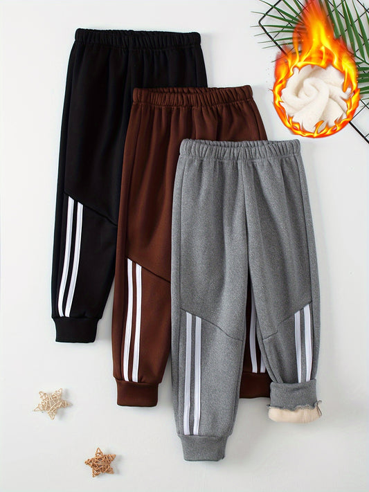 [Fleece-Lined Boys' Joggers] 3-Pack Boys' Fleece-Lined Joggers | Fashionable Loose-Fit Drawstring Pants with Side Stripes, Solid Color Patchwork, Black + Gray + Khaki Combo, Elastic Waistband for Outdoor, Casual & Warm Winter