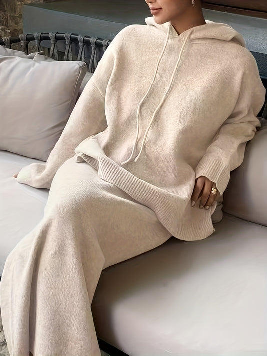 2pcs Women's Sweater & Dress Matching Outfit - Solid Color Hooded Sweater with Dress, Loose Fit Adjustable Hood, Straight Dress for, Office, Semi-Formal Wear - 2pcs Suit