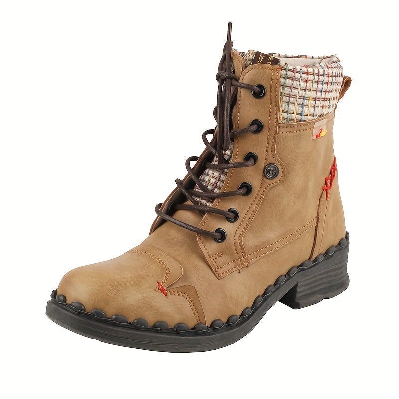 TMA ETES Women'S Elegant Height-Increasing Chunky Heel Ankle Boots with Anti-Slip TPR Sole, Side Zipper Closure, Round Toe & Plaid Design - All-Season Genuine Cover-like Synthetic Upper, Low Block Heel, Round Toe & Arch Suppo