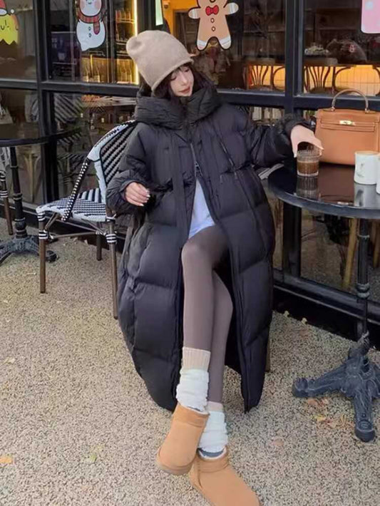 [Elegant Midi Puffer Coat] 1pc Elegant Polyester Midi Puffer Coat with Hood, Long Sleeve, Solid Color, Zippered, Loose Fit, Non-High Quality- Women's Fashion Outerwear