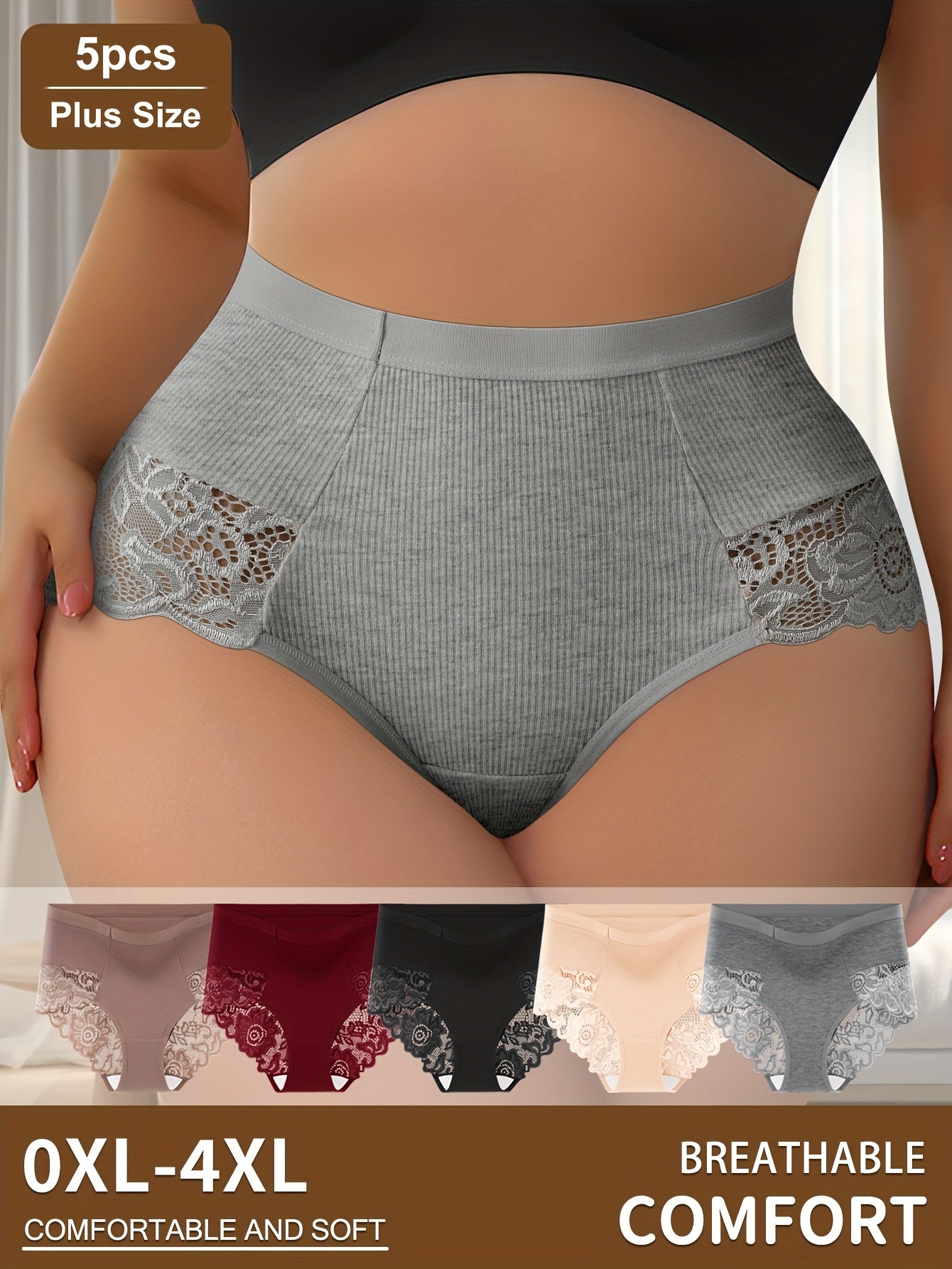 5pcs Plus Size Elegant Lace High Waist Panties, Comfortable Breathable Briefs for Women, Soft Tummy Control Underwear, 0XL-4XL, Breathable Women's Briefs, Lace High Waist Briefs, Plus Size Briefs Pack, Feminine Brief Style, E