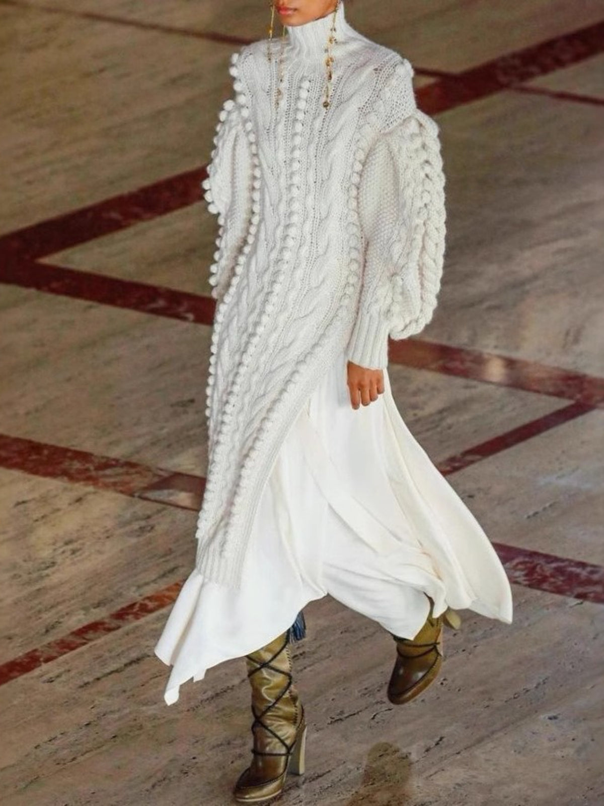 Women'S Elegant High-Neck Cable Dress - Loose Fit, Long Sleeve, White, Flowy Skirt, Mid-Length, Perfect for Fall & Winter, Winter Dresses