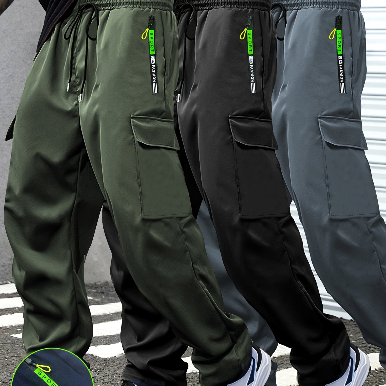 3-Pack of Men'S Thin Work Pants with Drawstring Elastic Waistband, Zipper Pockets, Large Patch Pockets, Comfortable And Breathable, Suitable for Outdoor Daily Leisure