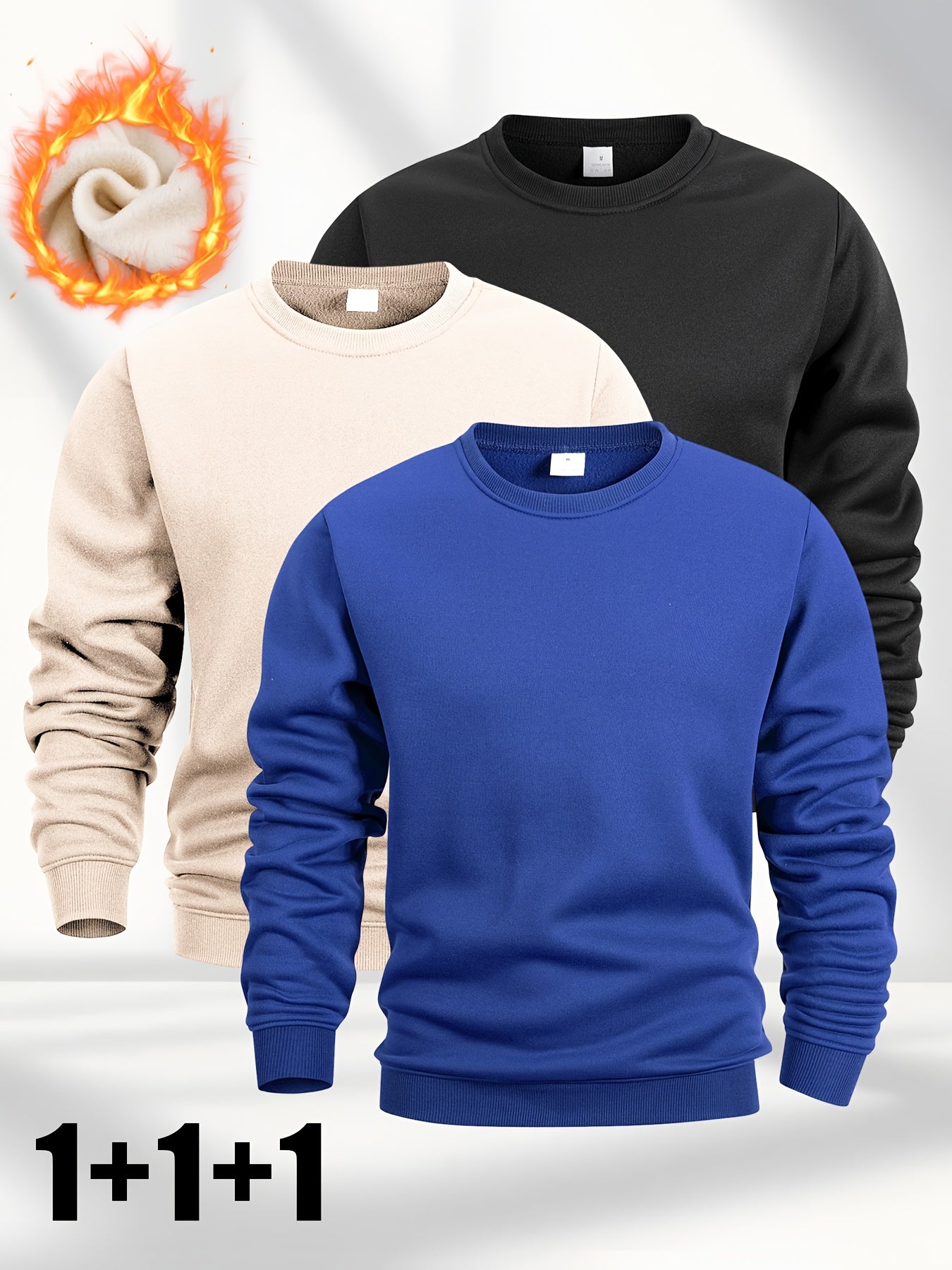 [Three Fleece Pullovers] A Set of Three Men's Solid Color Fleece Crew Neck Casual Pullovers, Featuring a Easy And Stylish Design with Slight Stretch, Suitable for Autumn And Winter. They Are Machine Washable And Can Be Worn L