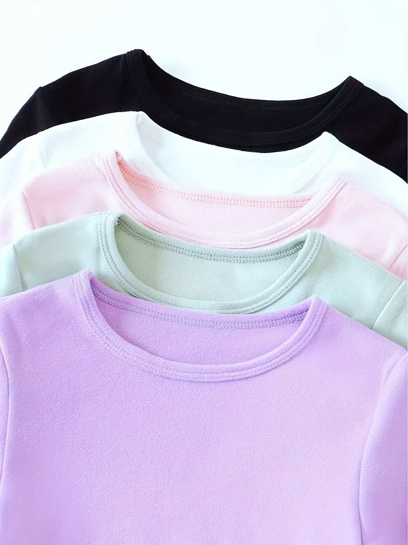 5pcs Girls' Thermal T-Shirts - Soft Warm Winter Long Sleeve Tops, Solid Color Round Neck Casual Blouses, High-Elastic Fabric for Easy Layering, Hand Washable ' Everyday Cold Weather Clothing (5pcs Bundle)