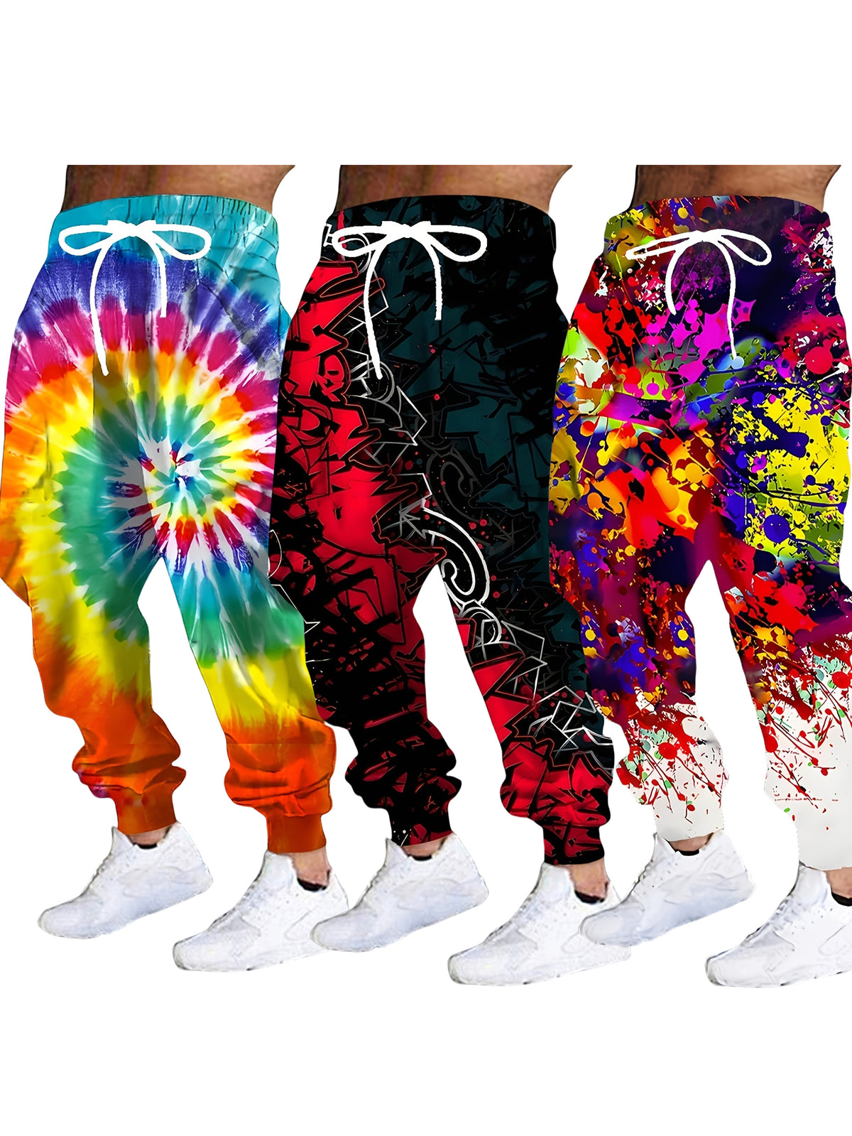3pcs Men'S Tie-Dye Swirl Pants - Bold Tie-Dye Sweatpants with Drawstring Waistband & Side Pockets, Non-Stretch Fabric for Gym, Casual Outfits - Tie-Dye Joggers in Black/Red/Orange/Blue/Purple/White/ - Spring/Fall Clothing Ess