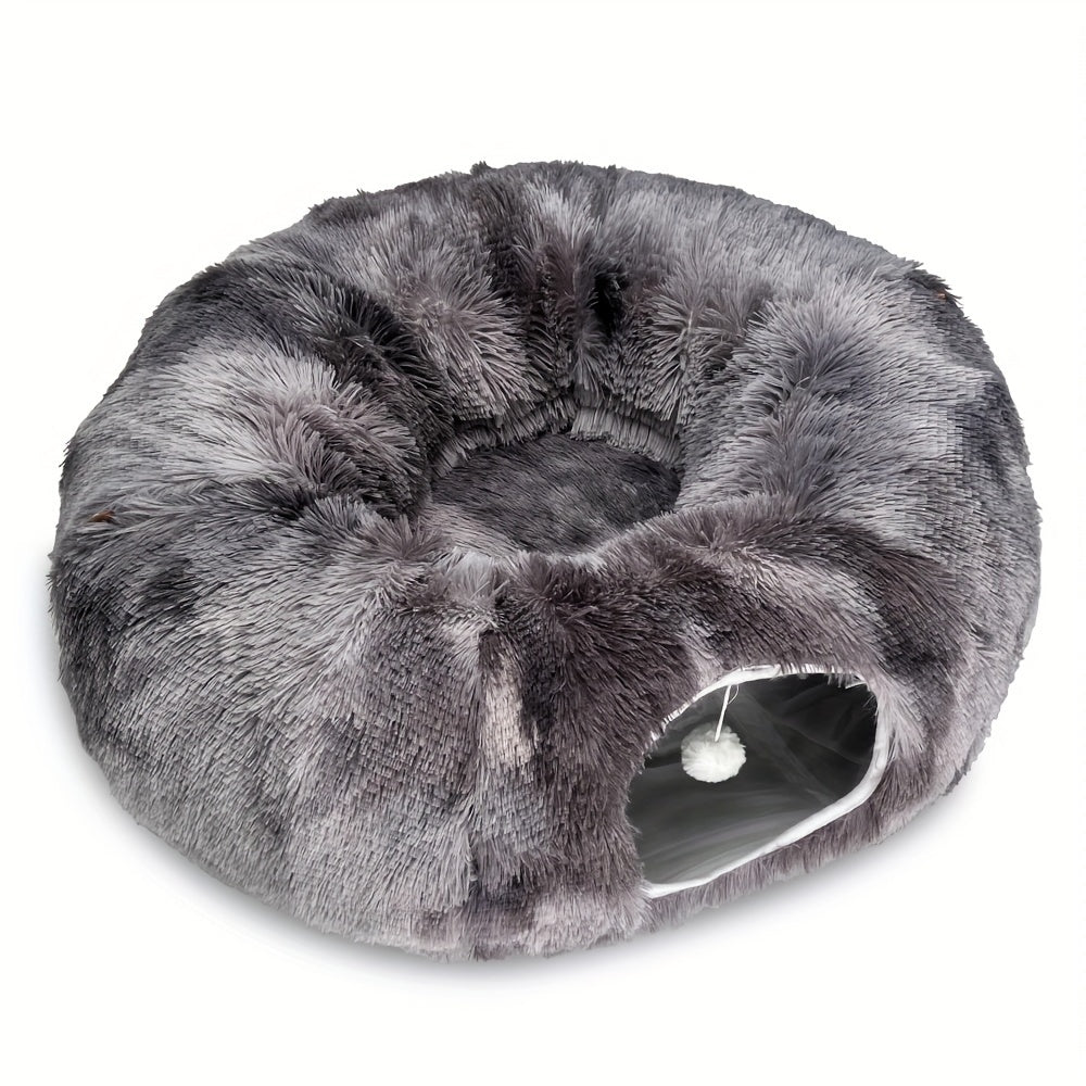 [Cozy Nest for Cats] 2-in-1 Plush Cat Tunnel Bed | Winter Warm Donut-Style Cozy Nest, Enclosed Hideaway with Peekaboo Hole & Hanging Pom Pom Toy, Extra Thick Soft Pet Bed for Anxiety Relief, Deep Sleep, Non Slip Bottom, Multi