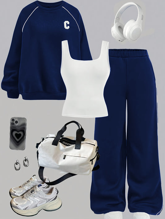 3pcs Girls' Oversized Athletic Set - Heavyweight Sweatsuit with Joggers & Vest | Thick Warm Winter Gym Clothes | Loose-Fit Casual Streetwear Outfit with Jacket Design | Machine Washable for Teens (School, Sports, Casual Attir