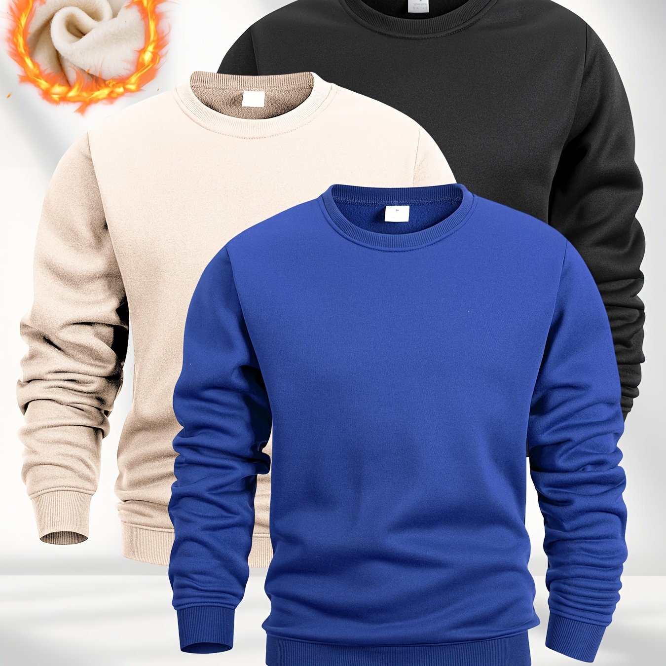 [Three Fleece Pullovers] A Set of Three Men's Solid Color Fleece Crew Neck Casual Pullovers, Featuring a Easy And Stylish Design with Slight Stretch, Suitable for Autumn And Winter. They Are Machine Washable And Can Be Worn L