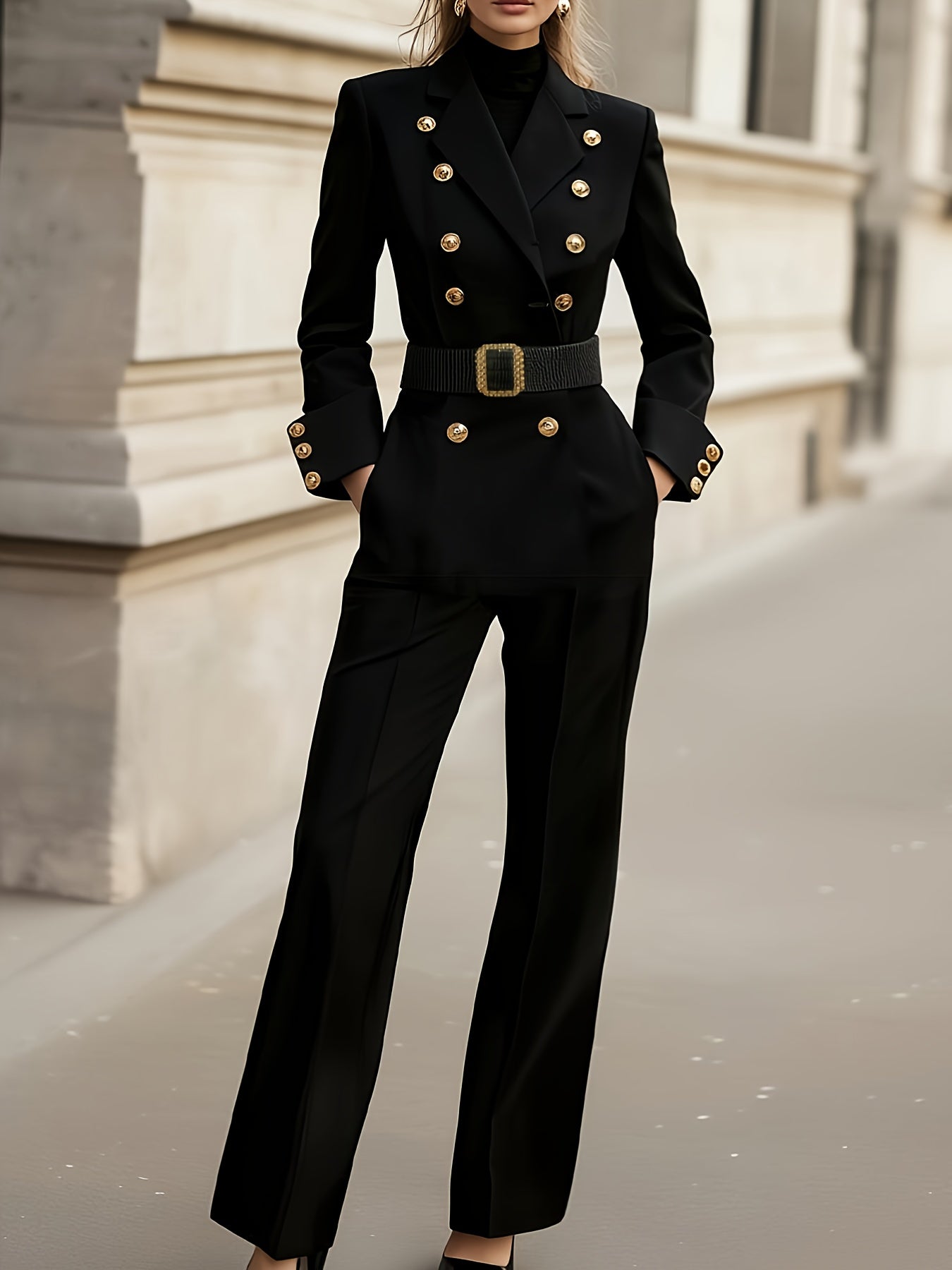 [Elegant Black Pantsuit] Elegant Black Pantsuit For Women | Formal & Casual Business Outfit with Double Button Front, Structured Wide-Leg Trousers, All-Season Professional Attire for Office, Events, Casual Attire - Women's Fo