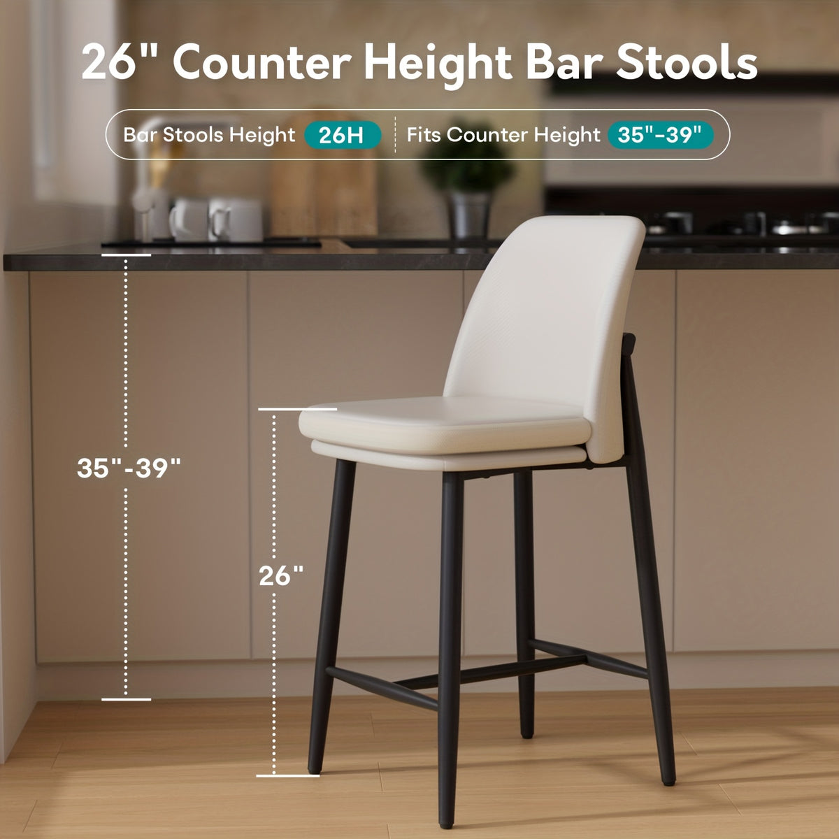 Set of 4 Modern Counter Height Bar Stools with Backrests - 26 Inch Faux Leather & Fabric Upholstered Seats, Sturdy Metal Legs & Cushioned Backs, Contemporary Square Design Kitchen Island & Dining Room Chairs, Easy-Clean Surfa