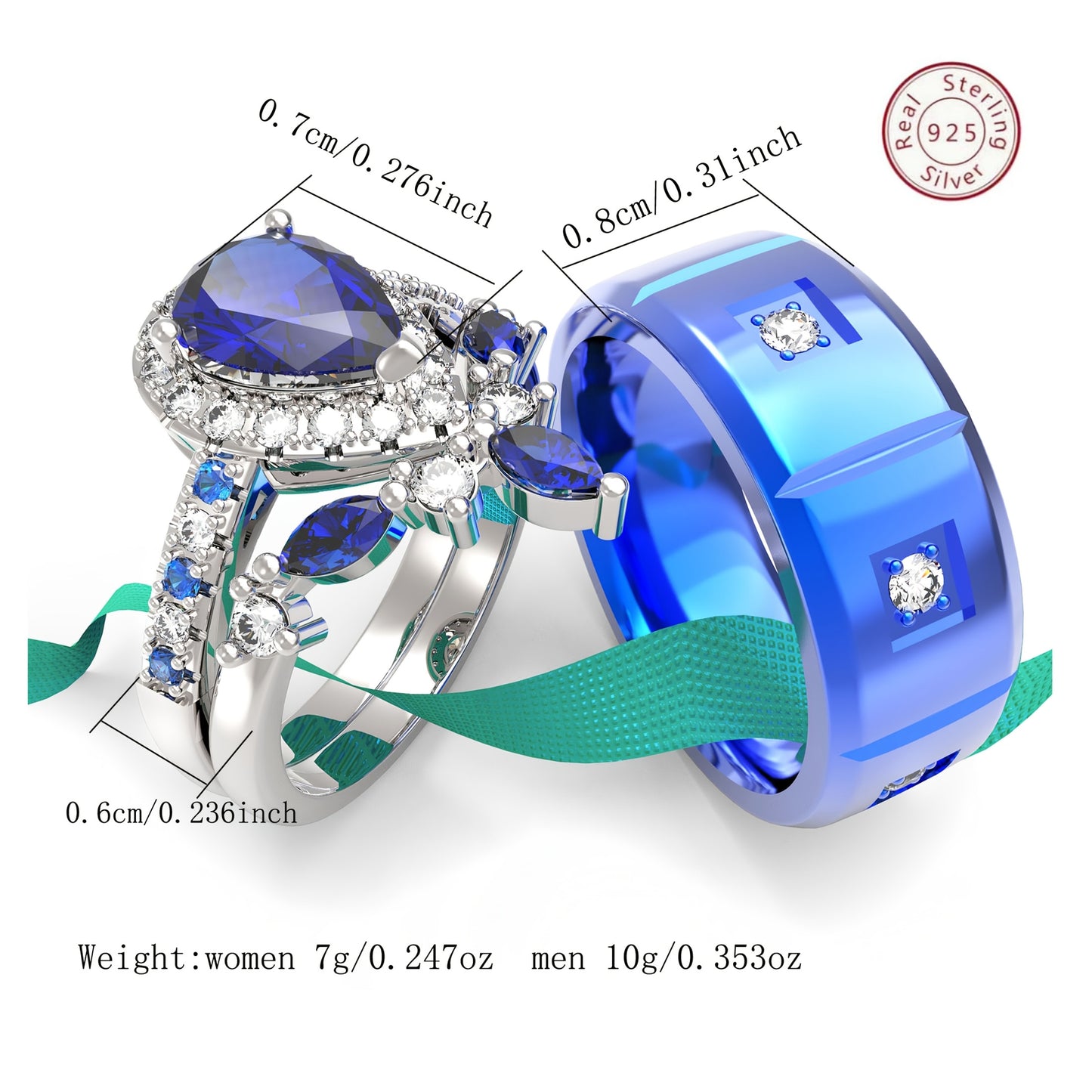 Bridal Sets Wedding Ring Sets His And Hers Promise Ring Couples Bridal Sets Women S925 Sterling Silvery Blue Moissanite Man Titanium Wedding Bands With Couple Ring Box
