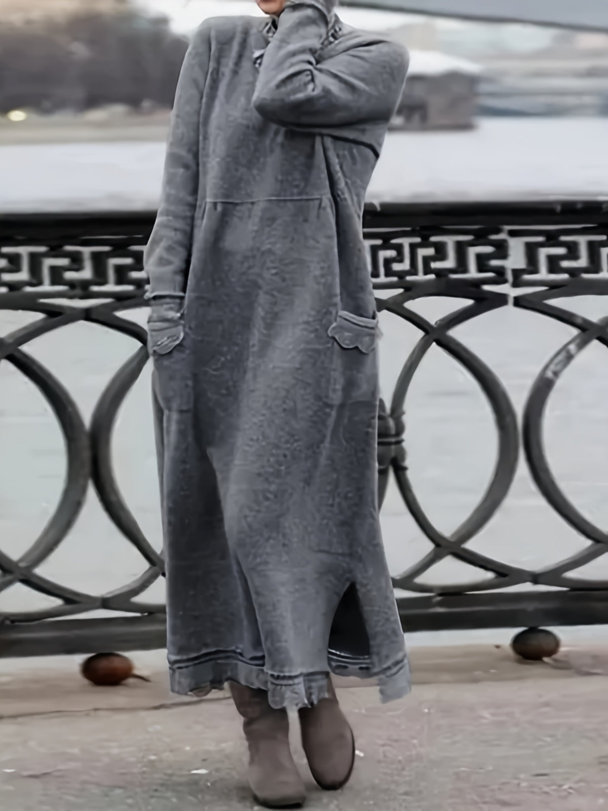 Plus Size, 2025 Autumn New Women's Loose Fit Plus-Size Lace Long Skirt with Velvet Hoodie - Casual Round Neck Long Sleeve Solid Color Dress, Pockets & Hand Wash/Dry Clean, Cozy Fall Winter Outfit