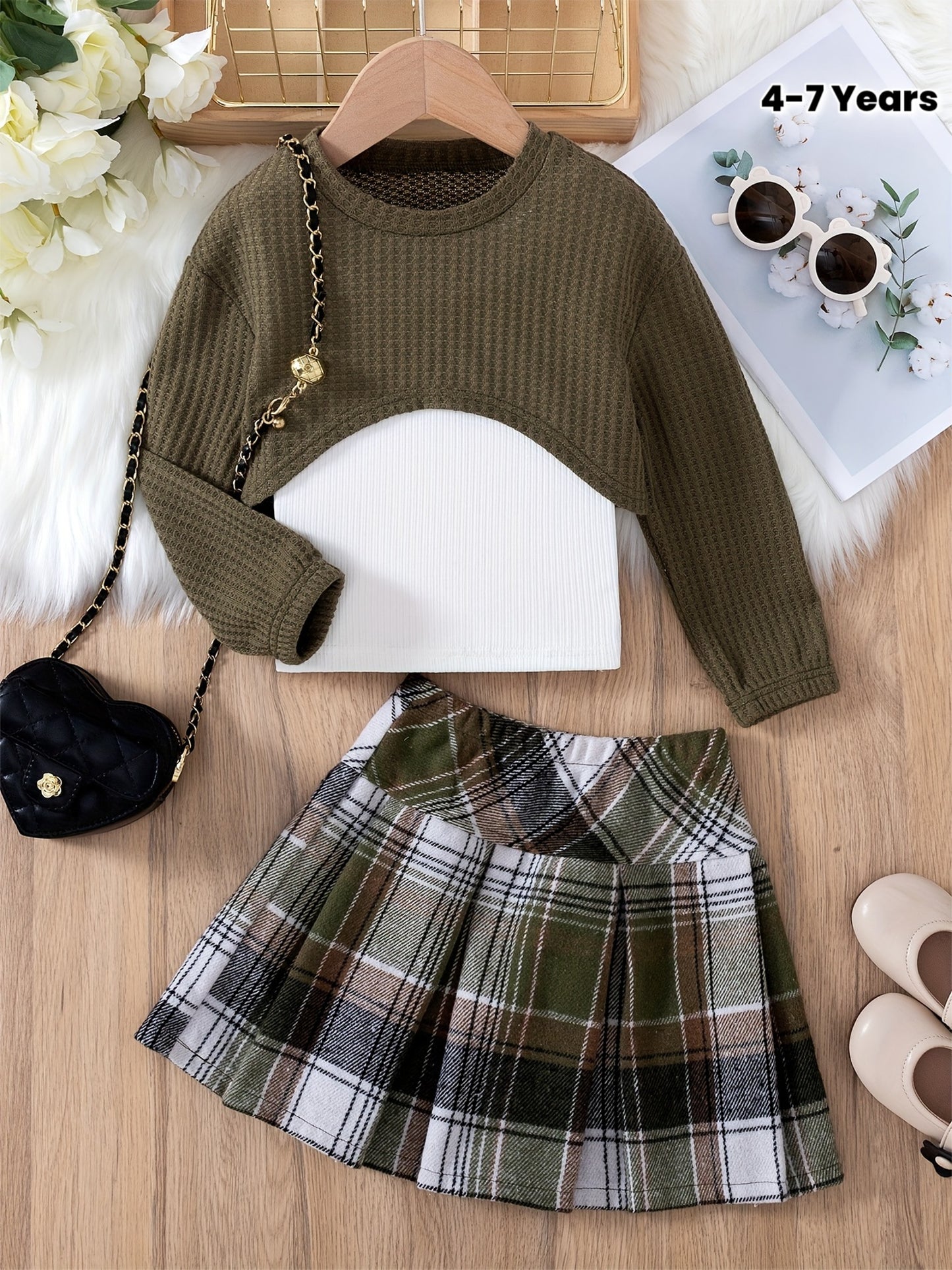 Targeted 3pcs Girls' Fashion Cropped Long Sleeve Pullover + Ribbed Vest + Fleece Plaid Pleated Skirt Set Suitable for Outdoor Daily Wear and Entertainment Autumn Winter, Perfect for Outdoor