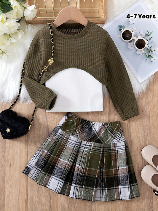 Targeted 3pcs Girls' Fashion Cropped Long Sleeve Pullover + Ribbed Vest + Fleece Plaid Pleated Skirt Set Suitable for Outdoor Daily Wear and Entertainment Autumn Winter, Perfect for Outdoor