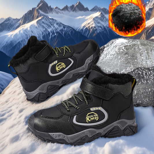 CKNOY Boys' Winter Fleece-Like Warm Hiking Boots & Shoes - Thick-Soled Traction, Adjustable Hook-and-Loop Closure, Large Plus Size (Big) Heavy-Duty Outdoor//Casual Shoes with Cushioned Sole & PU Upper (Green/Black), Boys Wint