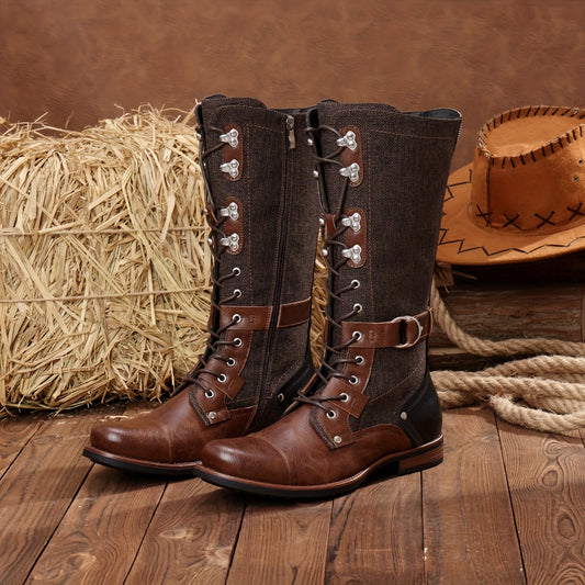 Men's Brown Platform Combat Booties with Lace-Up Front, Side Zip, Adjustable Buckle Straps, and Non-Slip Rubber Sole - Ideal for Motorcycle Riding and Training