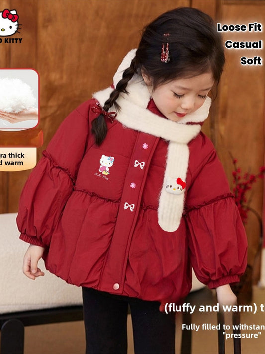 Sanrio Girls' Winter Jacket with Hood - Thick Warm Duck Down Insulation, Cute Anime Character Design, Soft Fluffy Fabric, Loose Fit Full-Zip Coat with Pockets, Red & Color for Casual & Special Occasions (Officially Licensed)