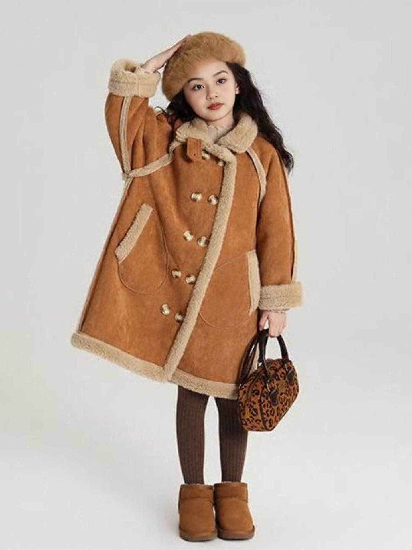 Girls' Reversible Winter Shearling Coat with - Thickened Double-Breasted Jacket, Thick Warm Outerwear for, Playdates & Cold Weather (Machine Washable) | Solid Color Fuzzy Shearling for