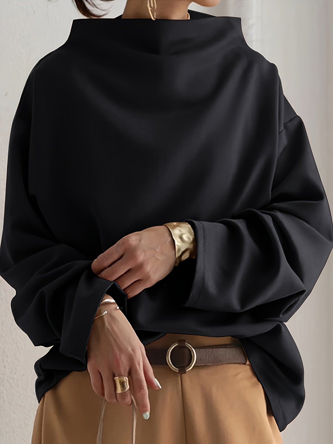 Women's Y2K Korean Style Oversized High Neck Sweatershirt - Solid Black Loose Fit Long Sleeve H-Line Top, Fall Winter Casual Sweaters for Layering (S-2XL) | Hand Washable Korean Fashion Tops
