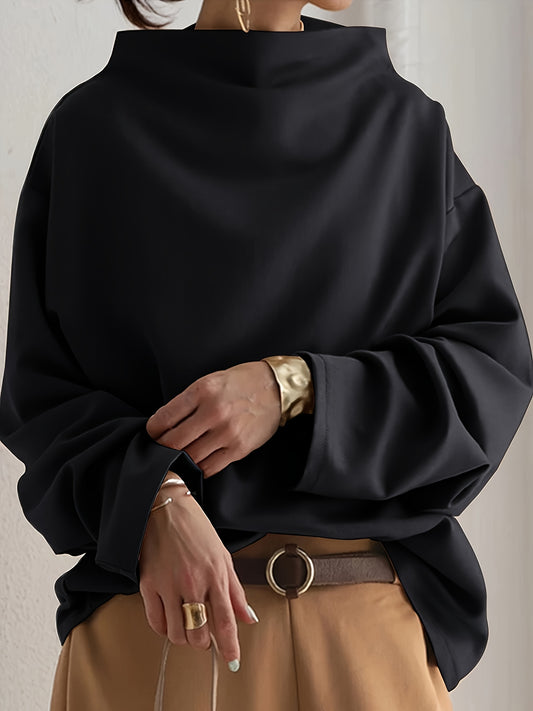 Women's Y2K Korean Style Oversized High Neck Sweatershirt - Solid Black Loose Fit Long Sleeve H-Line Top, Fall Winter Casual Sweaters for Layering (S-2XL) | Hand Washable Korean Fashion Tops